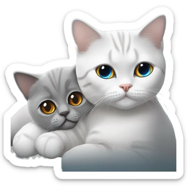 Grey British shorthair with amber eyes cuddling a white British shorthair with grey ears and blue eyes sticker