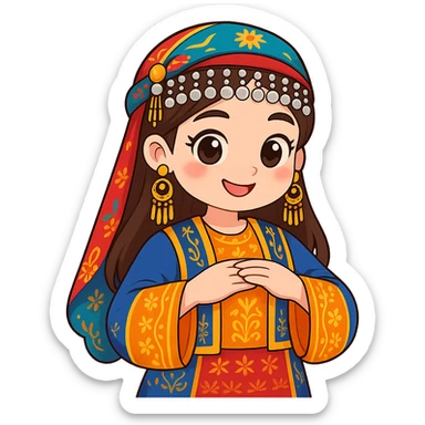 Convert the photo to a Kurdish cartoon sticker style with clear lines and bright colors. Keep the traditional Kurdish dress details intact. No text. Transparent background. sticker