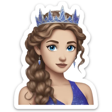 Feyre has brown hair with bright blue eyes and a silver crown on top of her head. She wears a purple blue glitter dress  sticker