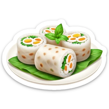 Bánh Cuốn Cinematic Realistic Bánh Cuốn Dish Emoji, depicted as delicate steamed rice rolls garnished with chopped mint on top, rendered with lifelike textures and fresh, vibrant lighting. sticker
