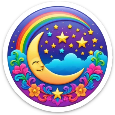 A round psychedelic colored button with a rainbow colored damask style moon and stars in the center sticker