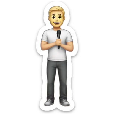 white light skin man person standing in a theater with red curtains standing on elevated stage holding a microphone smiling with light hair sticker