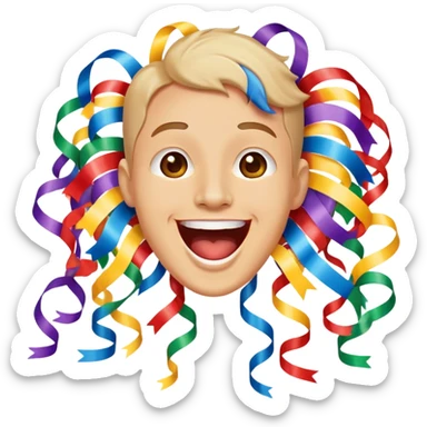face with open mouth, smiling, surrounded by parade streamers sticker
