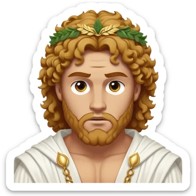 Cinematic Realistic Hercules Portrait, depicted as a classical Greek hero merging the fierce masculinity of Hercules with the refined face of Michelangelo's David. His light tan, chiseled skin glows with timeless strength, and his thick, curly, golden brown hair cascades in natural, sculpted curls reminiscent of a warrior’s mane. Draped in a flowing white robe with delicate golden accents and crowned with a traditional Greek laurel wreath, his intense, determined eyes exude noble might, all rendered under dynamic natural lighting with a mythic, radiant glow. sticker