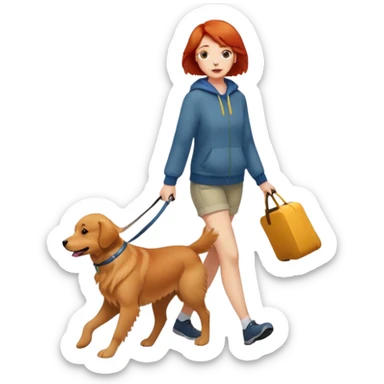 A girl with super short red hair walking a golden retriever sticker