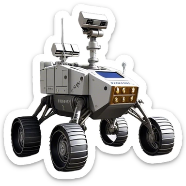 Cinematic Realistic Moon Rover – A rugged, high-tech vehicle traversing the Moon’s dusty surface. Its thick wheels leave tracks in the fine lunar regolith, with Earth hanging in the distant sky. Every mechanical detail of the rover is meticulously rendered, emphasizing its role in human exploration. sticker
