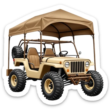 Well-equipped Off road Racing car whose frame and detailed suspension is made of shopping cart material with padded roll cage, huge roof rack, winch, and antique style handmade bodywork (survivalist style) sticker
