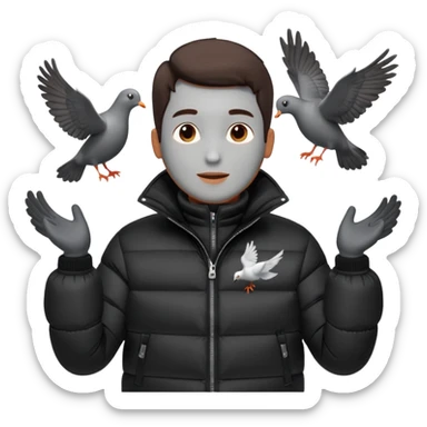 puffer shiny black jacket man open arms looking at a flying pigeon sticker