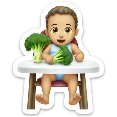 A baby sat on a high chair eating broccoli sticker