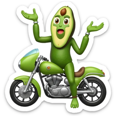 Aguacate con piernas manos y una moto sticker