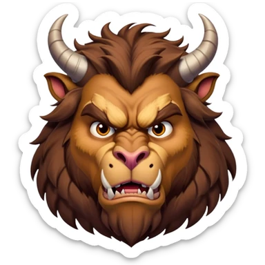Beast from Beauty and the Beast with human mouth but angry expression, furrowed brow, still with horns and fur sticker