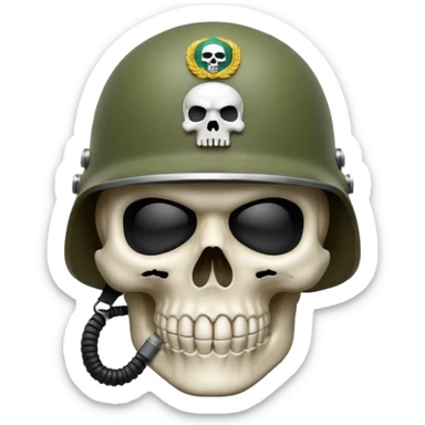 A bold emoji-style (bodyless) white skull wearing a realistic modern army helmet, making a shushing gesture (index finger bone held up to mouth area). Clean vector style,modern emoji aesthetic.The helmet has detailed realistic texture. sticker