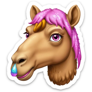 Camel with toes on his hoofs and pink beard that comes out of his chin with sparkle eyes facing forward sticker