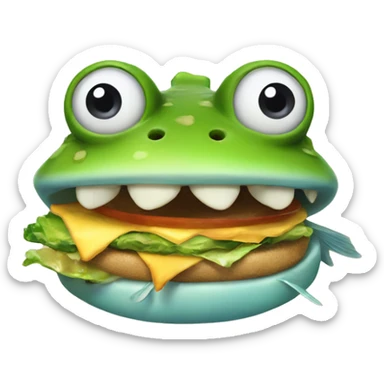 fish with frogs for teeth eating burger  sticker