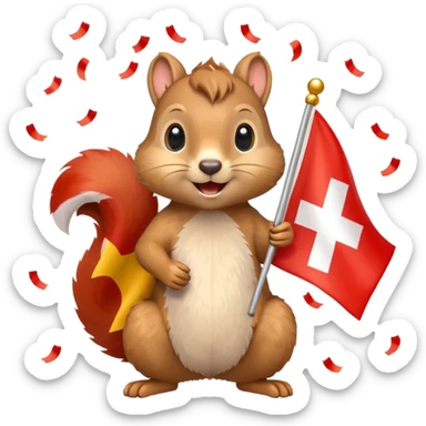 squirrel holding a Swiss flag, surrounded by even more confetti, emoji style sticker