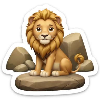 A 3D cartoon lion with a golden mane, sitting proudly on a rock, calm smile, smooth fur, bright warm sunlight, friendly but majestic look, Memoji-style. sticker