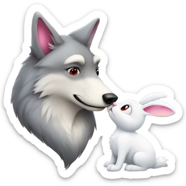 Old Wolf kisses a white Bunny who has pink ears, with big red heart between them sticker