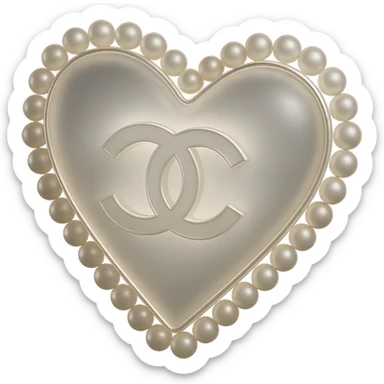 Keep the elegant heart in metallic silver with a pearl border, Chanel interlocking C's at the center, classic luxury, with no background. sticker