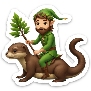 tiny forest elf man long brown hair beard riding an otter sticker