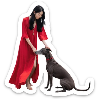 A beautiful 25-year-old Japanese woman with long flowing black hair wearing a stylish red beach dress, gently petting a PURE SOLID DARK GREY whippet with a bright RED COLLAR on a beach at night under a starry sky. The whippet MUST be 100% SOLID DARK GREY with ABSOLUTELY NO WHITE MARKINGS ANYWHERE - specifically NO WHITE on face, NO WHITE on chest, NO WHITE on paws - ENTIRELY ONE CONSISTENT SOLID DARK GREY COLOR throughout. Deep blue night sky filled with bright stars, moonlight reflecting on the ocean, sandy beach in the foreground. sticker