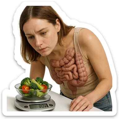 realistic woman with visible intestine leaning towards the camera, weighing 30g of vegetables on a kitchen scale, readable display showing '30g', gaze fixed on the display, white background, realistic style sticker