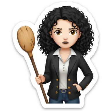 Hey, please generate me an emoji that depicts a woman white skin long black curly disheveled hair slightly thicker, she is wearing a white T-shirt and a black unbuttoned jacket she is furious she is holding a large wodden STICK  sticker