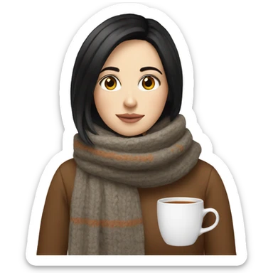 White girl black hair in a sweater and scarf sipping tea  sticker