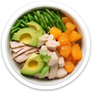 Poke bowl with chicken, diced avocados, mandarins, cut cucumbers and green beans; side view sticker