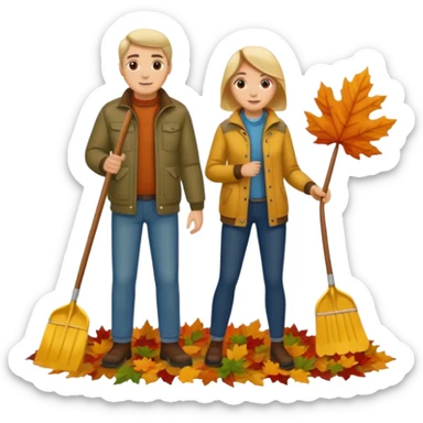 a couple man and woman racking leafs sticker