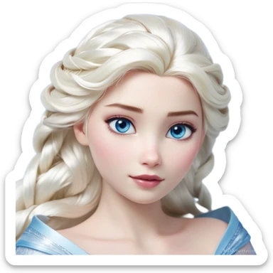 Cinematic Realistic Elsa Portrait, depicted with lifelike skin texture, soft natural lighting, and intricately detailed platinum blonde hair styled elegantly. Her striking, expressive blue eyes exude confidence and grace, complemented by a serene and regal expression. She is dressed in her signature icy attire, with shimmering fabric textures and delicate folds that catch the light beautifully. The portrait features a soft, enchanting glow with a cool, radiant finish, capturing the essence of timeless elegance in a realistic and painterly style, evoking a sense of depth and authenticity. sticker