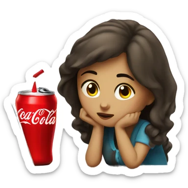 tired girl with laptop drinking coca-cola sticker