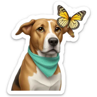 Dog with a butterfly net over its head sticker