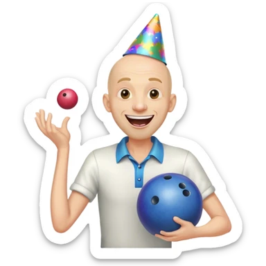 Bald skinny tall ugly happy Mr (not) incredible head at bowling disco party smiling so happy and much that his his mouth is open sticker