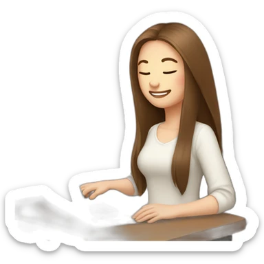 smiling woman pale skin middle brown long straight hair with a closed laptop and a coffee mug wearing a white woolly shirt having her eyes closed sticker