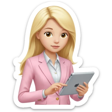 Long blonde hair girl and light pink suit working  in a tablet sticker