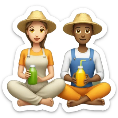 male and female farmer meditating with juice bottle sticker
