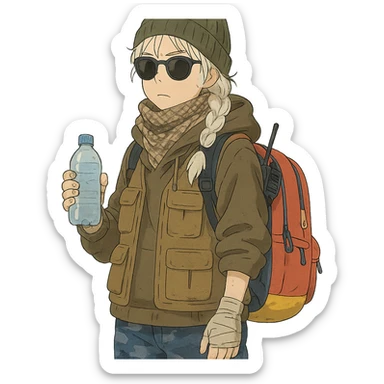 1 female, long white braid, knit cap, dark sunglasses, shemegh neckwrap, fishing vest, vibrant shool backpack, drab hoodie, handwraps, blue camo pants, handheld radio clipped to shoulderstrap of backpack, unkempt, holding a bottle of water sticker