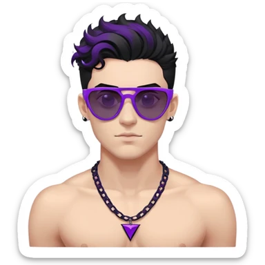 shirtless male athlete with white skin and moderately curly black hair on top with shaved sides, wearing sharp angular geometric purple sunglasses with very dark heavily tinted black lenses, and a simple plain black chain necklace, no earrings sticker