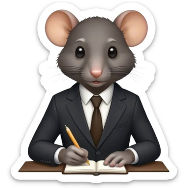 a black rat in a suit taking notes in a small notebook sticker