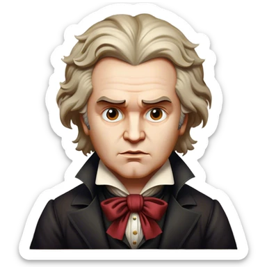 Cinematic Realistic Beethoven Portrait Emoji, depicted as a passionate composer with intense expressive features in period attire, rendered with rich textures and dramatic moody lighting that captures the turbulent genius of his music. sticker