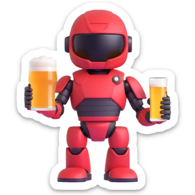 Sector from Mortal Kombat, detailed red-armored ninja robot, holding a glass of beer, fun and casual, vibrant colors sticker
