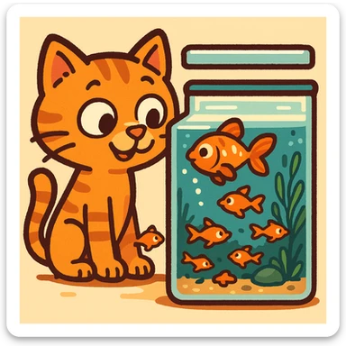 A red-haired cat and a goldfish aquarium in pixel art style, more cartoonish sticker