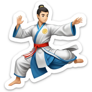 Emblem symbolizing Wushu martial arts. A graceful martial artist performs a dynamic kung fu pose, with flowing movements and a long, elegant robe. The background features stylized clouds and traditional Chinese symbols, representing fluidity, balance, and precision. Transparent background. sticker
