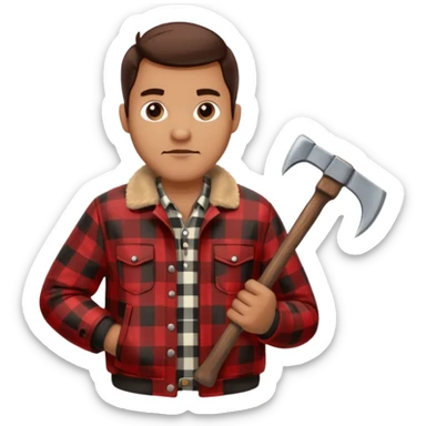 Man wearing buffalo plaid jacket with an axe sticker