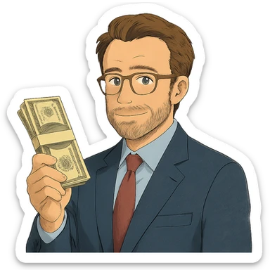 ghibli style Nikolai Astrup, Norwegian politician, holding a pack of money in his hand sticker