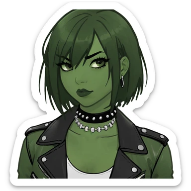 A asian girl with Black eyes and black straight hair with a bob with a black spiked chocker with white tank top with a leather jacket on sticker