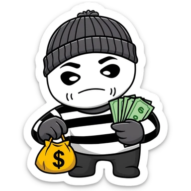 burglar wearing black and white striped shirt, black beanie, black mask over eyes, holding a moneybag sticker