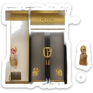 “Gucci store exterior with gold logo above entrance, large glass windows displaying luxury fashion, and elegant double doors.” sticker