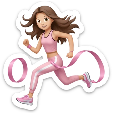 white happy brunette teen long hair with hazel eyes in light pink workout clothes jogging and breaking a ribbon race finish line sticker