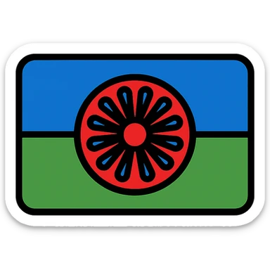 Romani flag with blue and green horizontal stripes and a red spoked wheel in the center sticker